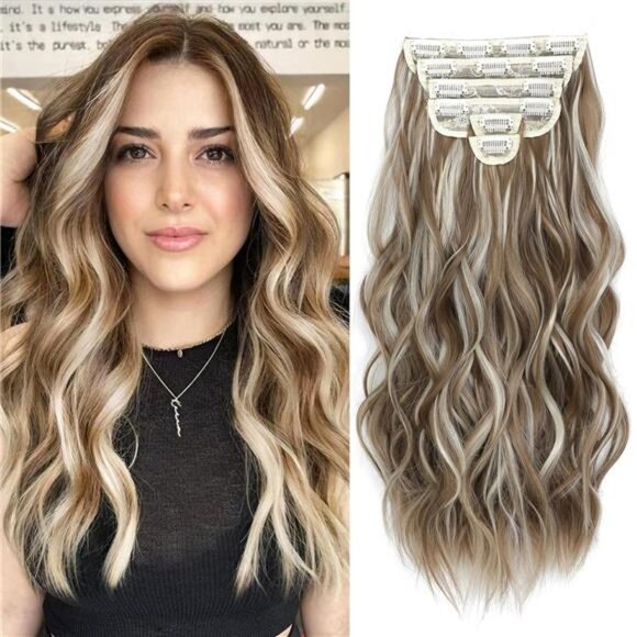 Hair Extensions Clip ins, 6 PCS Wavy Extensions, Light Brown&Ash Blonde Thick